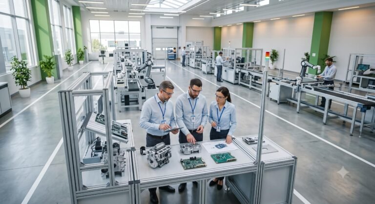 Engineers in a modern, sustainable manufacturing facility focusing on product recycling and component recovery.