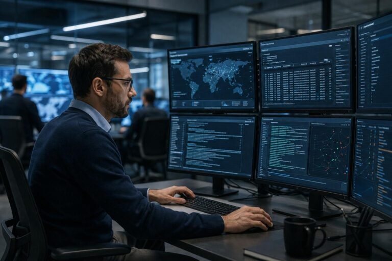 IT security professional monitoring network access logs in a corporate operations center.