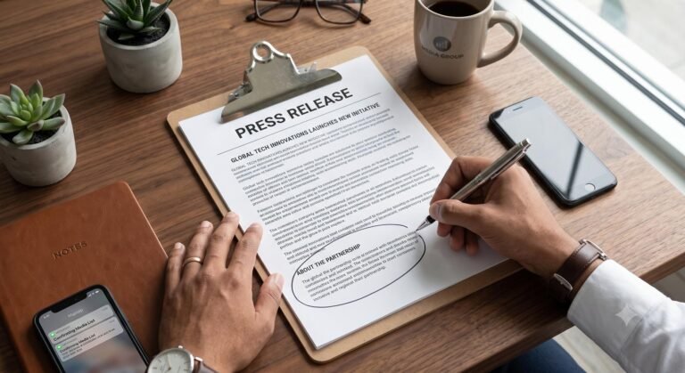 A person reviewing and circling the boilerplate section of a printed press release on a clipboard.