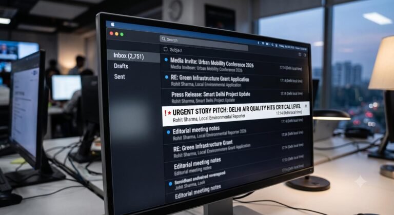 A computer monitor displaying a press release headline in an email inbox.