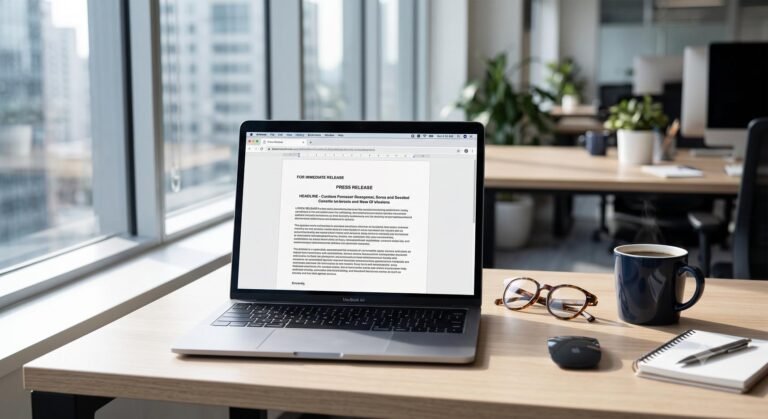 A laptop displaying a formatted press release on a desk next to coffee and glasses.