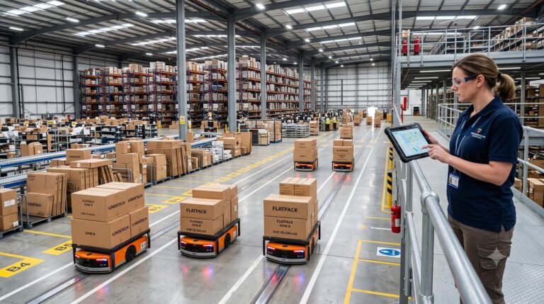 Autonomous mobile robots transporting goods in a modernized retail fulfillment center.
