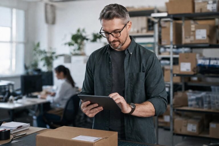 A small business owner uses a digital tablet to manage automated workflow software in a professional setting.