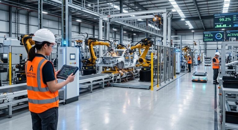 Engineer monitoring an automated robotic production line in a modern smart factory.