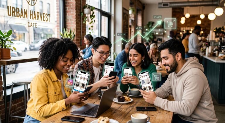 Consumers using smartphones for social commerce shopping with digital growth graphics.