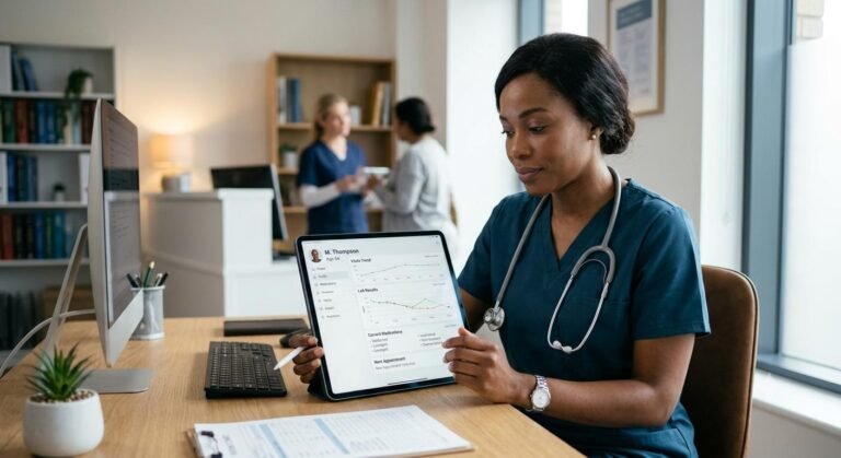 A physician reviewing specialized patient data on a digital tablet in a modern clinical setting.