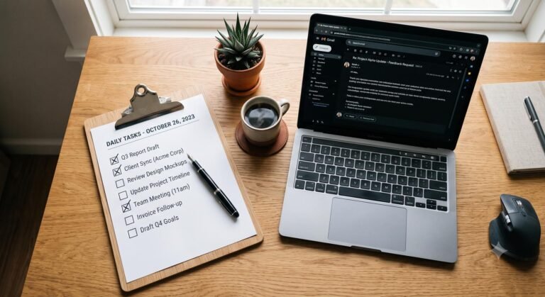 A professional desk setup showing a press release distribution checklist and a laptop ready to pitch journalists.