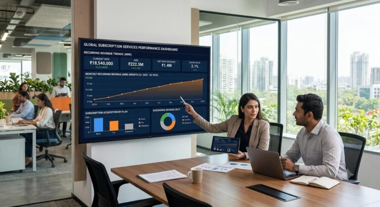 Financial analysts reviewing recurring revenue growth data on a digital screen.