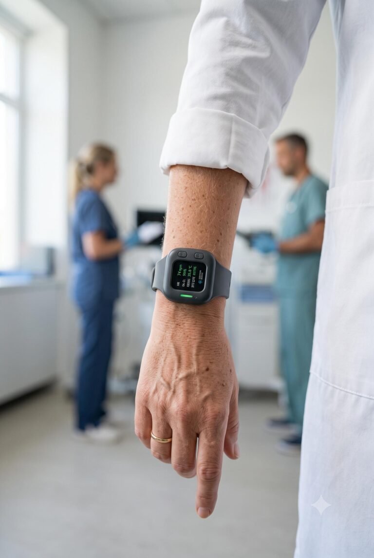 A close-up of a patient wearing a modern clinical-grade health monitoring device in a professional medical setting.