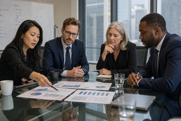 Corporate executives analyzing data trends in a modern boardroom.