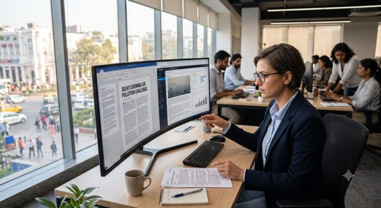 A media editor reviewing press releases on a computer monitor in a modern newsroom.