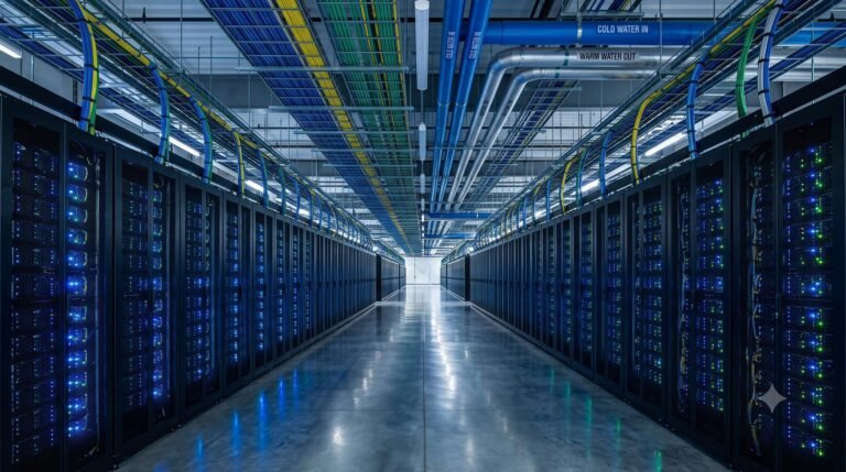 Rows of illuminated high-performance server racks inside a modern corporate cloud data center.