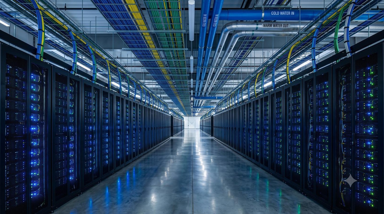 Rows of illuminated high-performance server racks inside a modern corporate cloud data center.