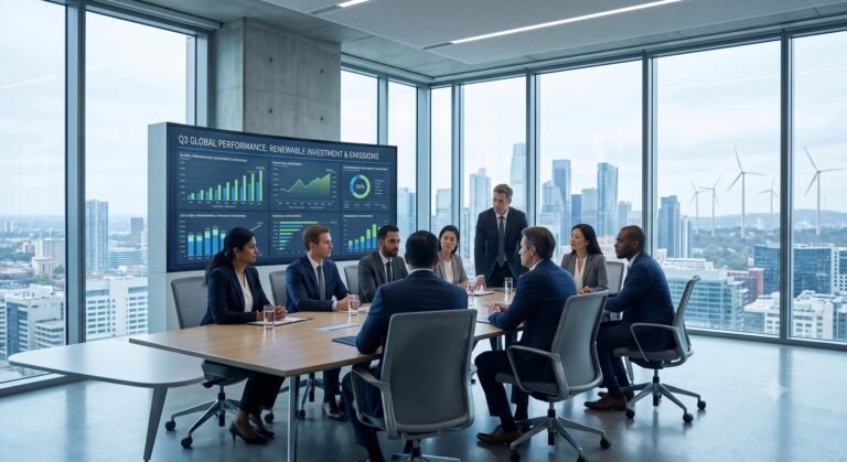 Corporate executives analyzing environmental and financial data on a digital screen in a modern boardroom.