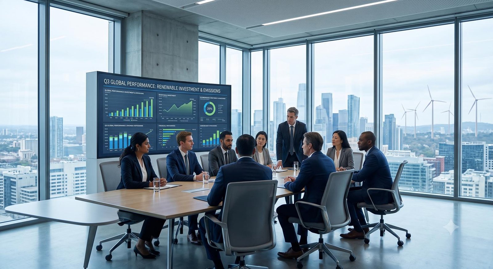 Corporate executives analyzing environmental and financial data on a digital screen in a modern boardroom.