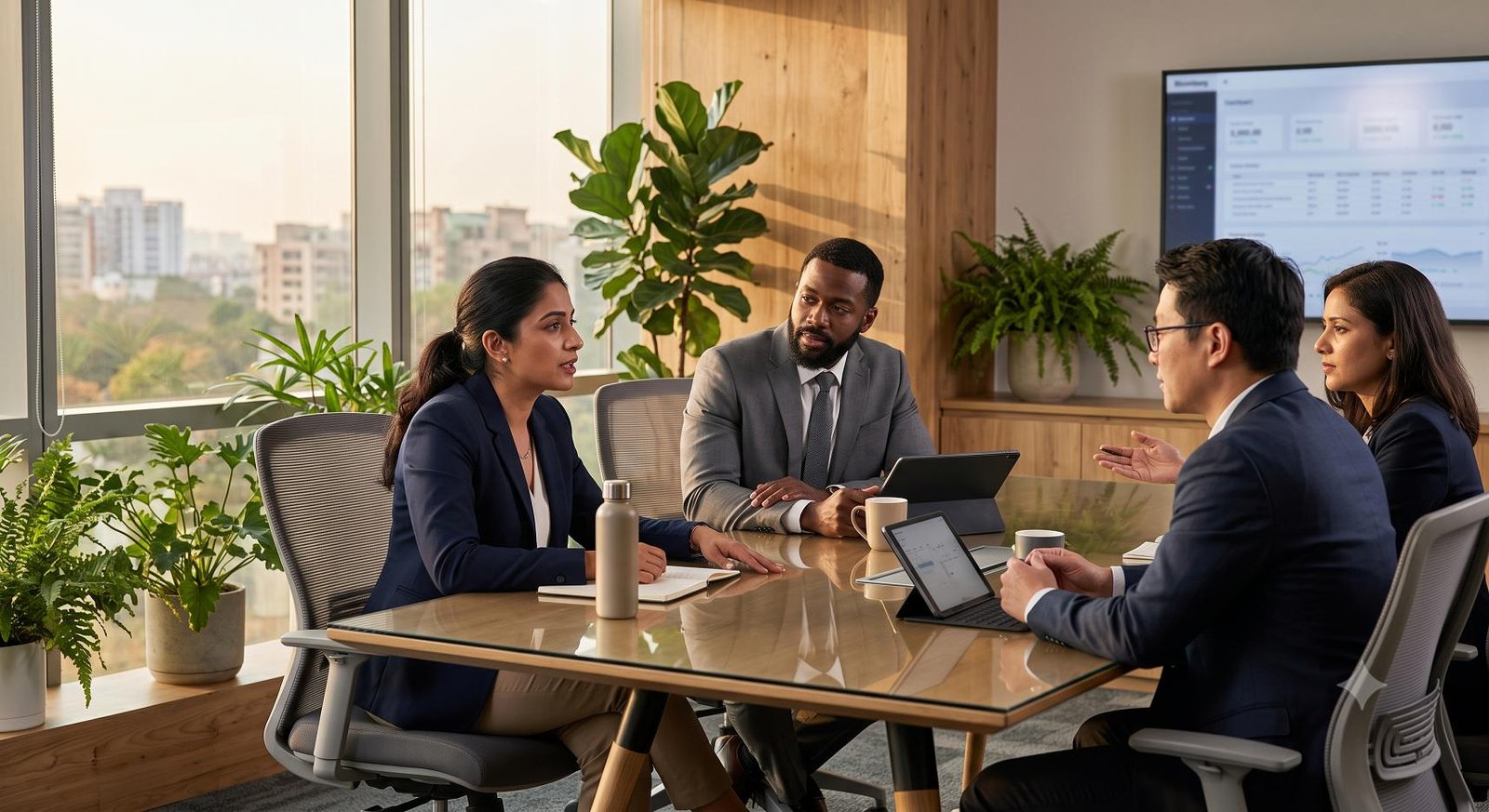 Corporate human resources professionals discussing employee wellness programs and healthcare cost analytics in a modern boardroom.