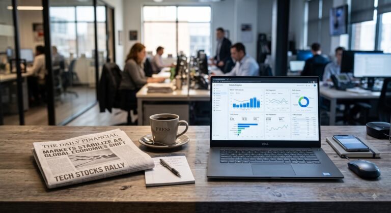 A desk showing a printed newspaper next to a laptop displaying web analytics, representing the blend of traditional and digital PR.