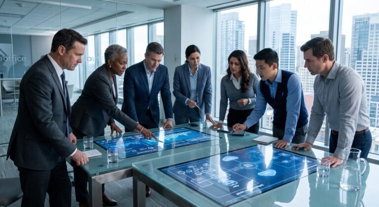 Corporate executives reviewing enterprise artificial intelligence adoption metrics and financial data in a modern boardroom.