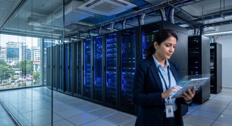 Corporate executive reviewing data security metrics in a modern server room.