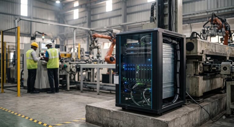 A ruggedized edge computing server rack operating on a manufacturing floor.