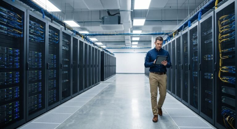 A modern enterprise data center facility with rows of illuminated server racks.