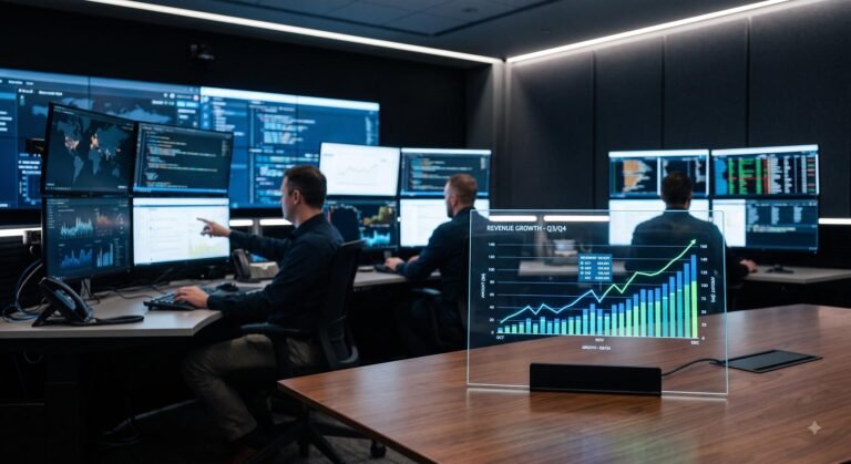 A corporate financial chart displaying upward cybersecurity spending trends in a modern Security Operations Center.