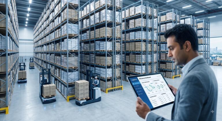 Automated warehouse facility demonstrating the scale of global e-commerce logistics and fulfillment operations.