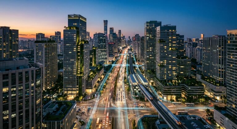 Aerial view of a modern, digitally connected smart city at dusk.