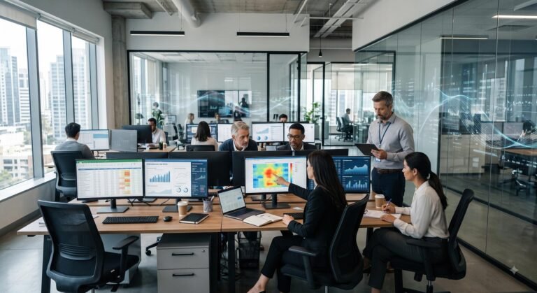 Corporate professionals reviewing data analytics on monitors in a modern office setting.