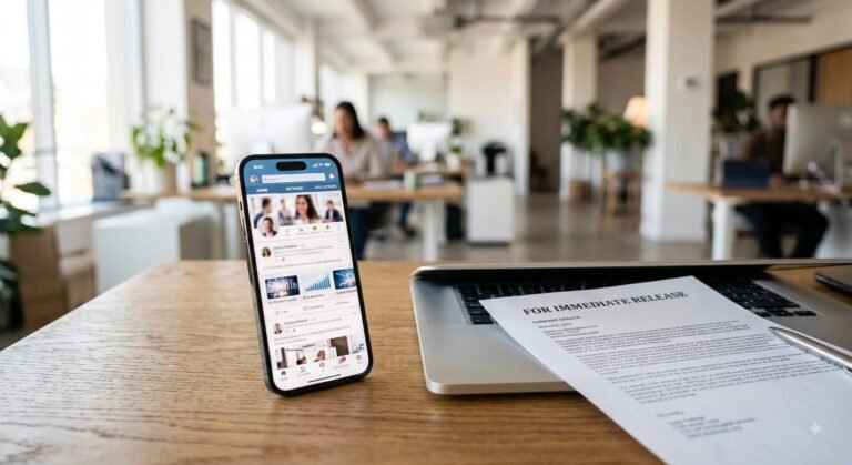 A smartphone displaying a social media feed rests on a desk next to a formal press release document, illustrating the connection between digital platforms and traditional PR.
