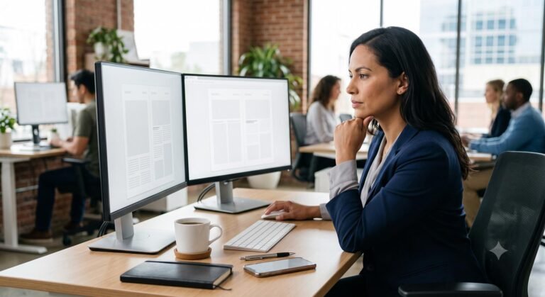 A communications professional reviewing documents on a computer in a modern, well-lit office setting.