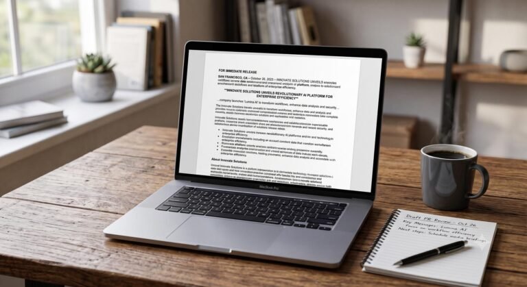A laptop screen displaying a professionally formatted press release document on a desk.