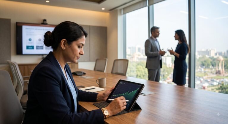 A communications professional reviewing corporate data on a tablet in a modern office setting.