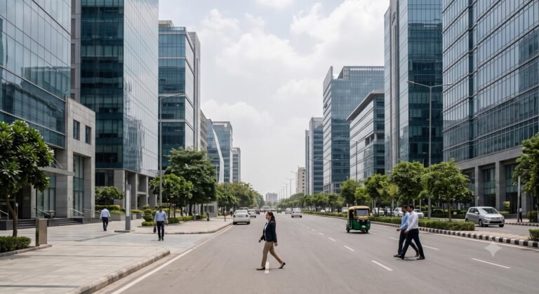 Modern corporate office buildings in a central business district reflecting the structural shift toward hybrid work environments.