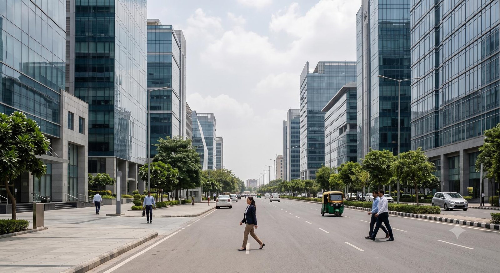 Modern corporate office buildings in a central business district reflecting the structural shift toward hybrid work environments.