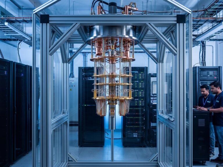 Industrial quantum computing hardware installed within an enterprise data center environment.