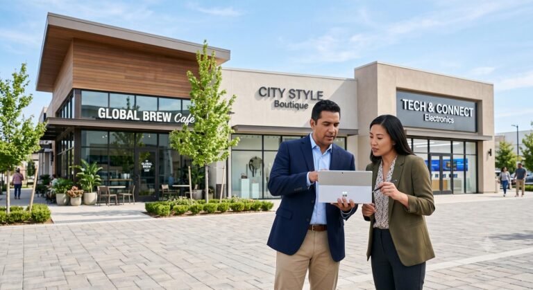 Two business professionals analyzing commercial real estate data for franchise expansion outside a modern retail complex.