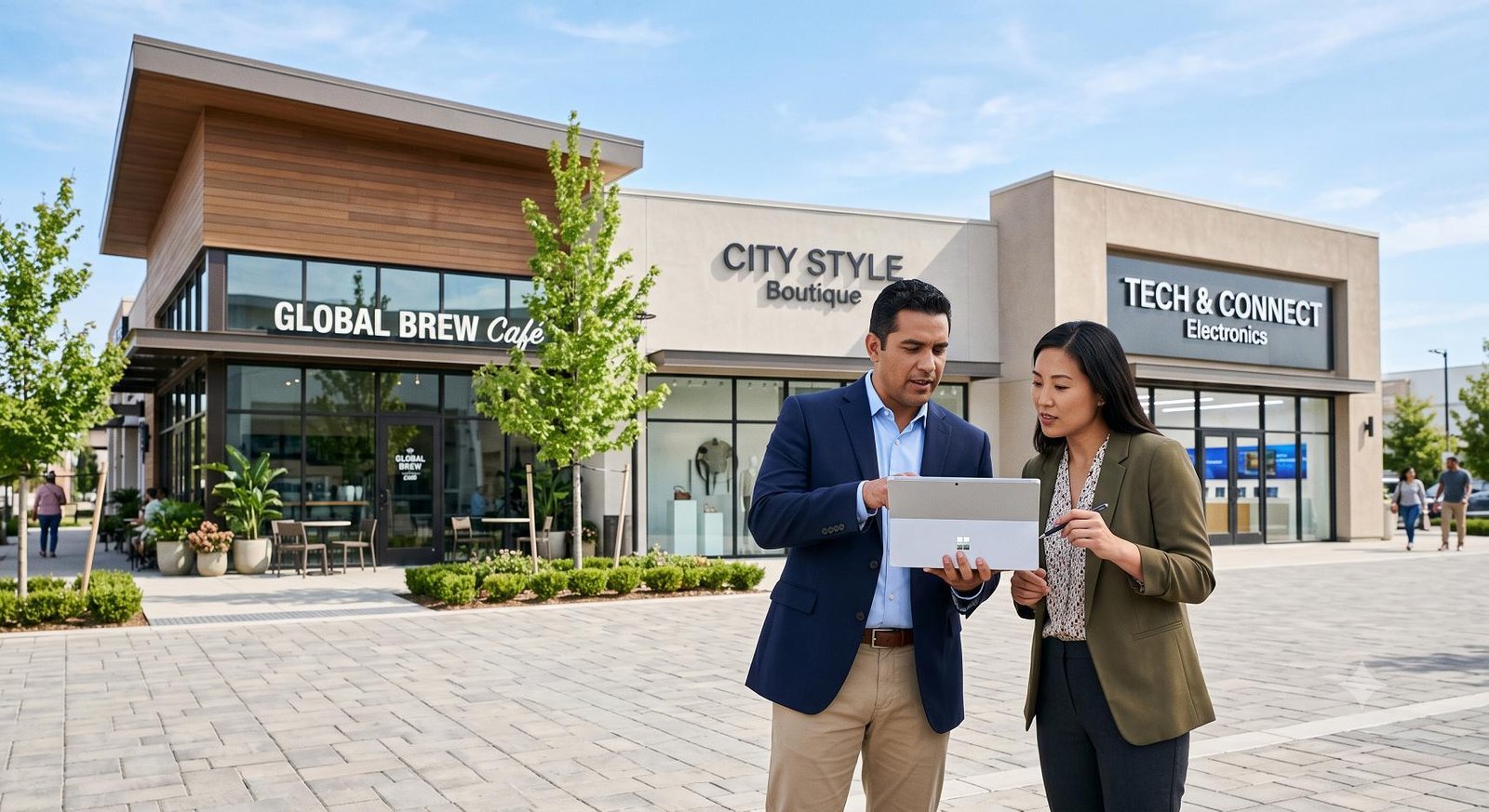 Two business professionals analyzing commercial real estate data for franchise expansion outside a modern retail complex.
