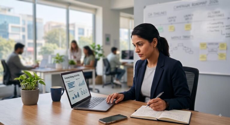 A startup founder reviewing a corporate communications strategy on a laptop in a modern office setting.
