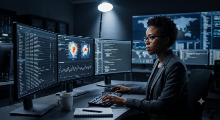 A cybersecurity professional analyzing data in a modern corporate security operations center.