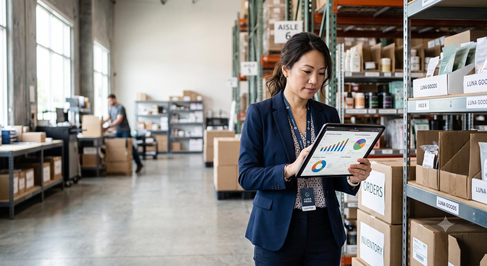 Small business owner reviewing financial growth trends and digital reports on a tablet.