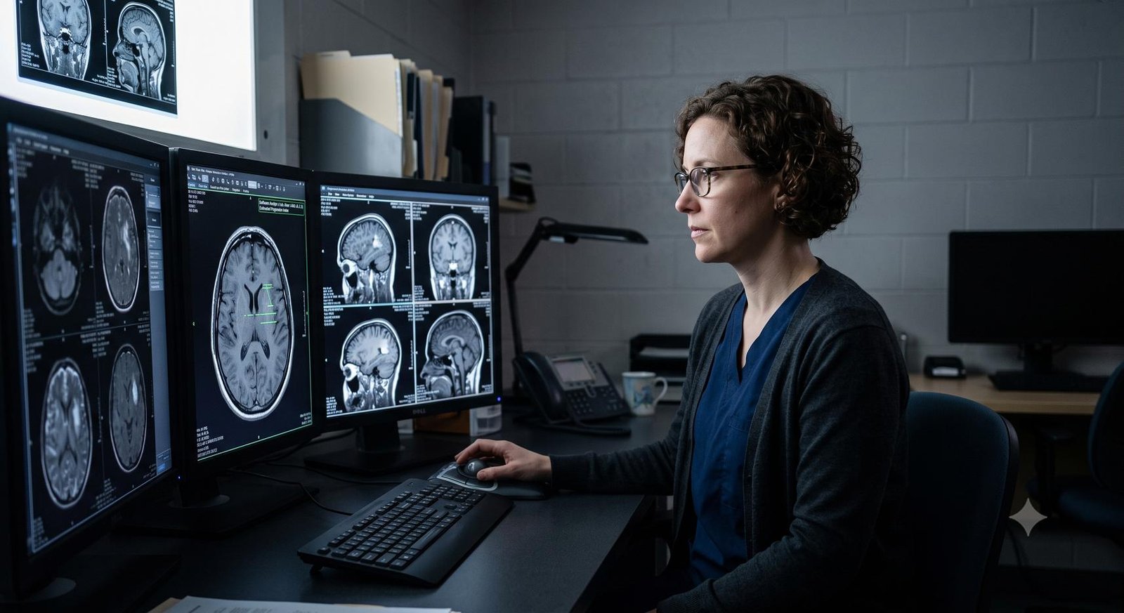 A radiologist reviewing a brain MRI on a diagnostic workstation supported by medical imaging software.