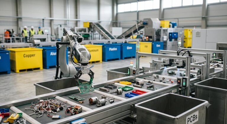 Automated industrial machinery processing and sorting recovered materials in a modern recycling facility.