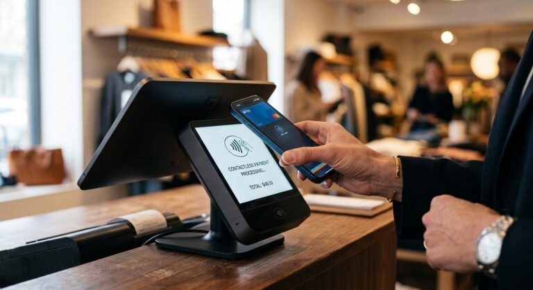 A customer using a smartphone for a contactless payment at a retail checkout terminal.