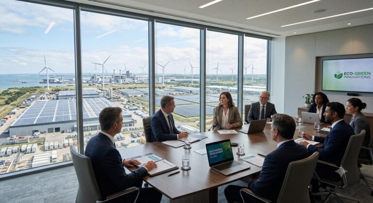 Corporate executives analyzing environmental data with renewable energy infrastructure visible through the window.