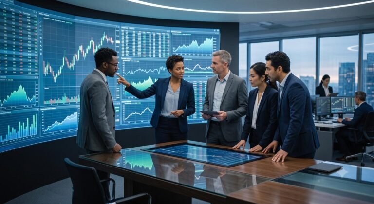 Corporate executives reviewing enterprise financial technology data and B2B payment metrics on digital screens.