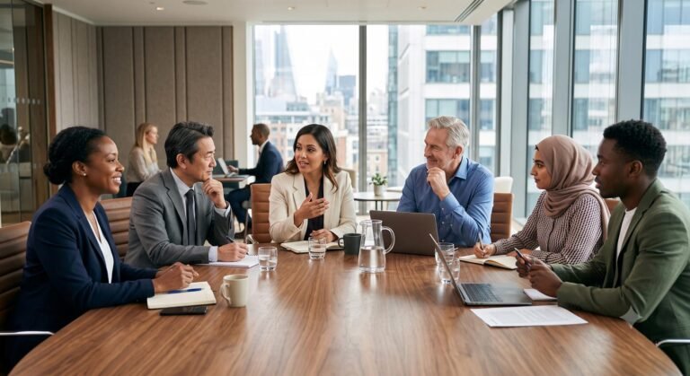 Corporate professionals participating in a workplace mental health and well-being discussion.