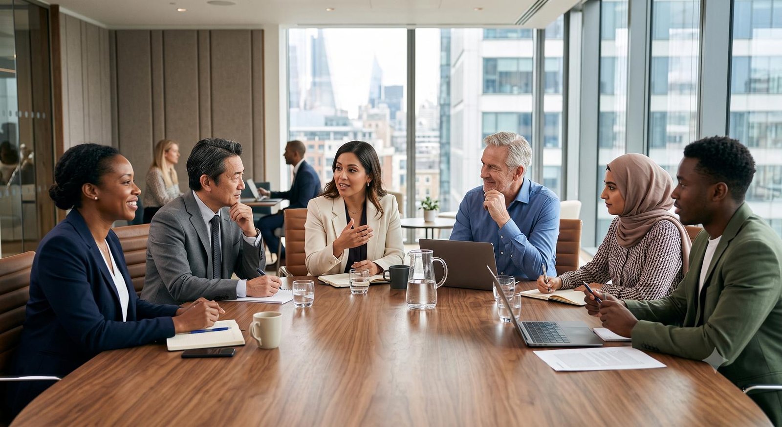 Corporate professionals participating in a workplace mental health and well-being discussion.