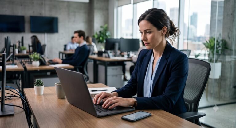 A corporate communications professional working on a laptop in a modern office.