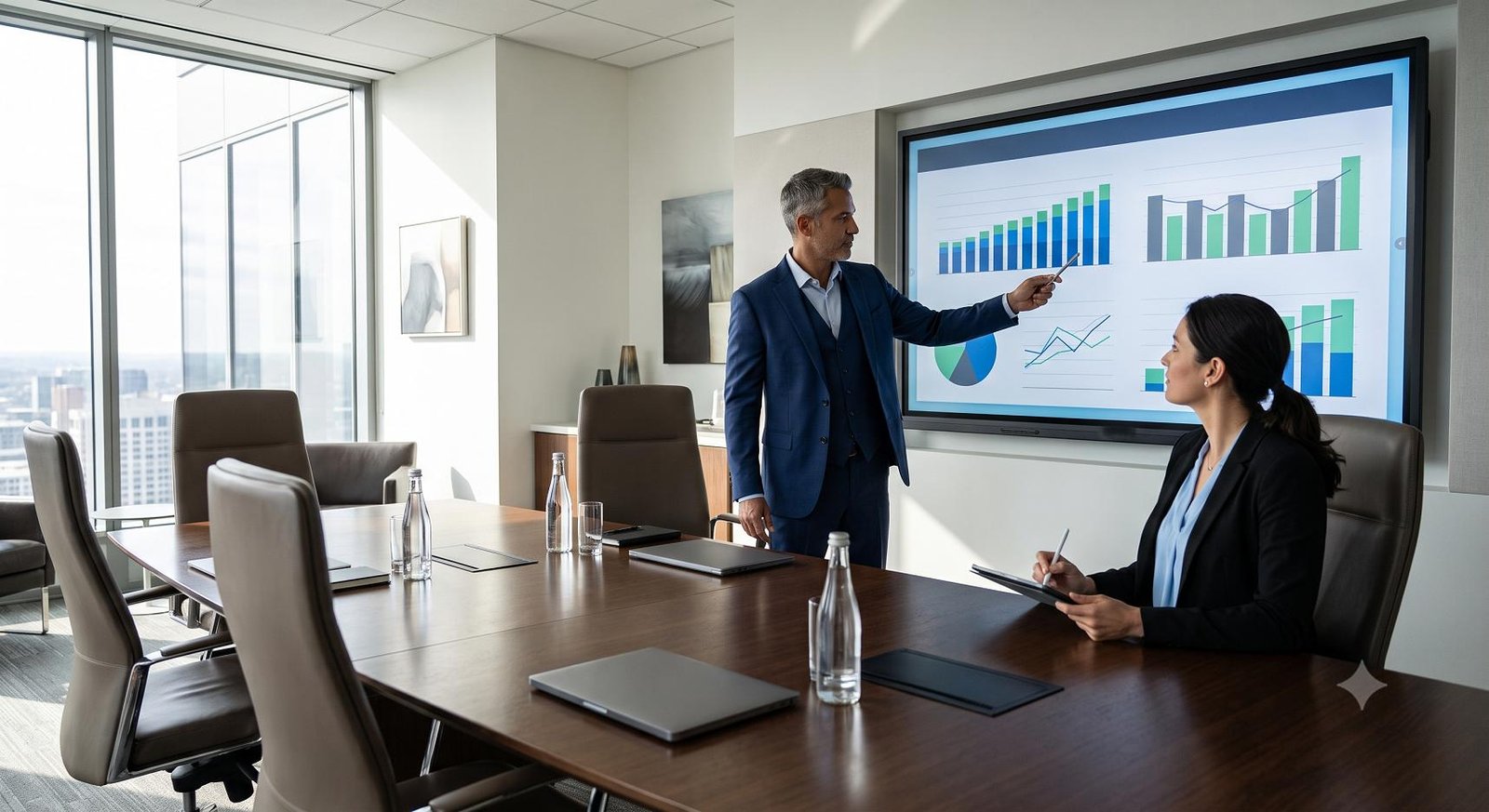 Corporate executives reviewing customer retention and financial metrics in a modern boardroom.